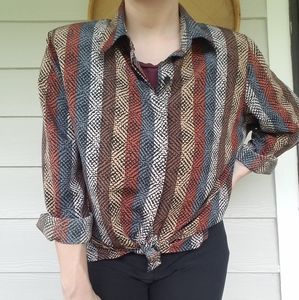 Vintage 80s Aesthetic Casual Button-up Color Block Abstract Print Vtg Sz 16